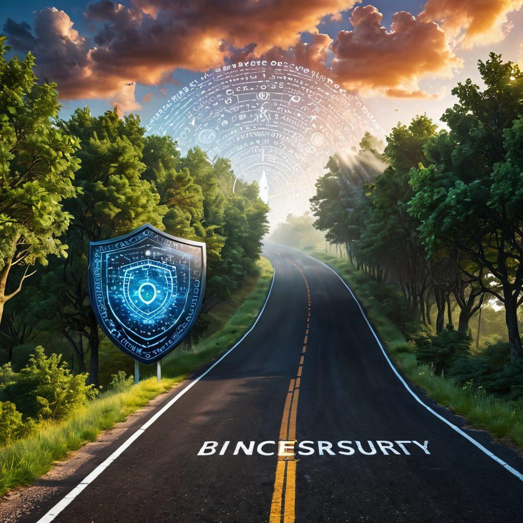 A serene digital landscape depicting a winding road made of binary code, flanked by large shields symbolizing online security, with lush trees representing privacy and confidentiality. A glowing compass sits at the center, guiding the viewer towards safe digital navigation. Ethereal clouds float overhead with text bubbles of cybersecurity tips. super-realistic. vibrant colors. white background.