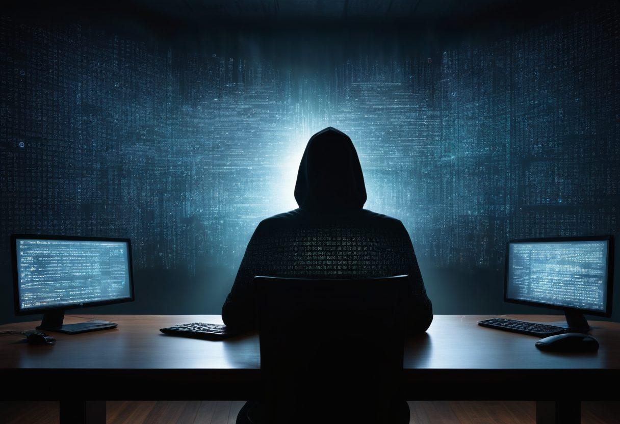 A shadowy figure sitting at a desk, illuminated by multiple screens displaying encrypted codes and digital locks, symbolizing the mysteries of web anonymity. Around them, a swirling cloud of binary code and shield icons represents internet privacy and security. Include elements like a dimly lit room to evoke secrecy and intrigue. super-realistic. dark tones. digital art.