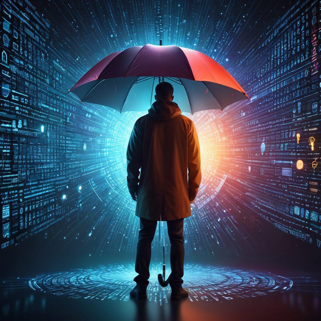 A vibrant digital landscape depicting a person shielded by a glowing umbrella made of binary codes, symbolizing online protection. Surrounding the figure are various icons representing security strategies like locks, shields, and passwords, set against a backdrop of a swirling internet network. The color scheme should be bright and engaging, emphasizing the theme of security and identity. futuristic and sleek. vibrant colors. 3D.